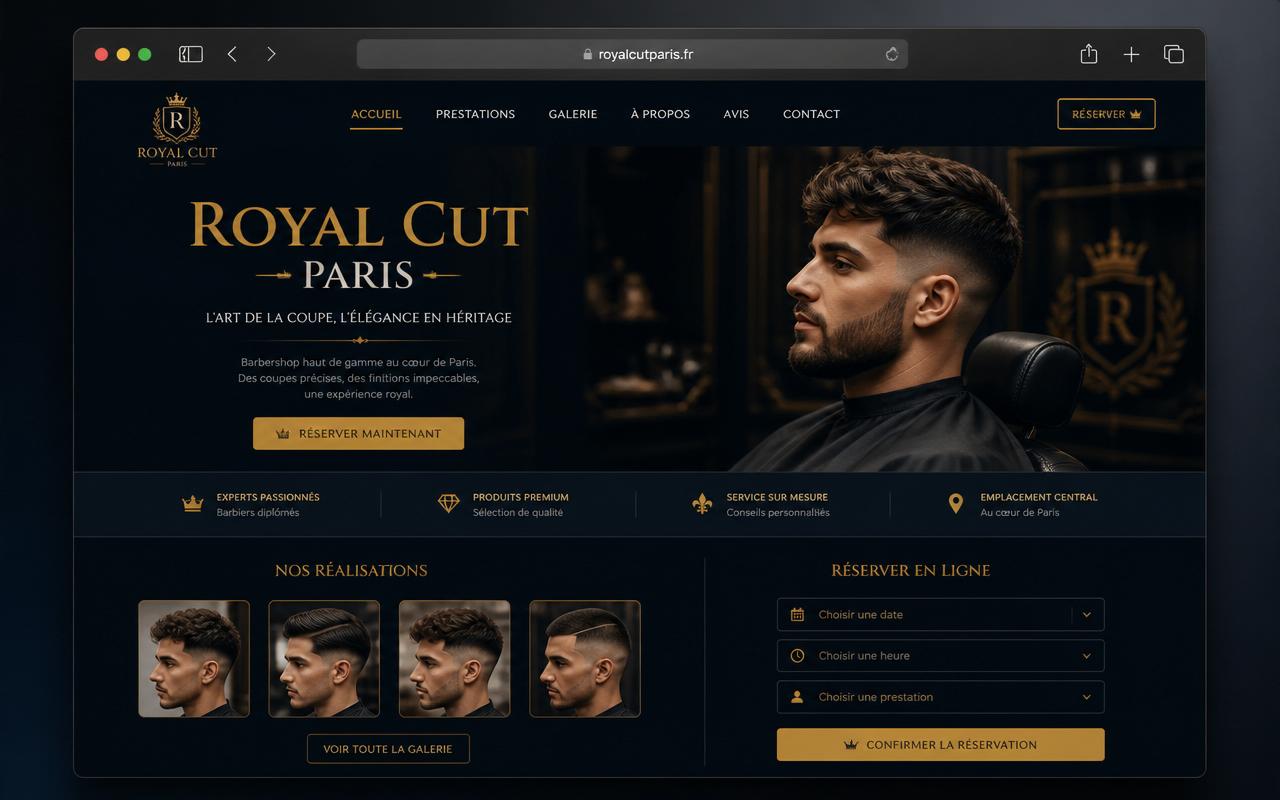 Aperçu de la maquette Royal Cut Paris, salon de coiffure premium